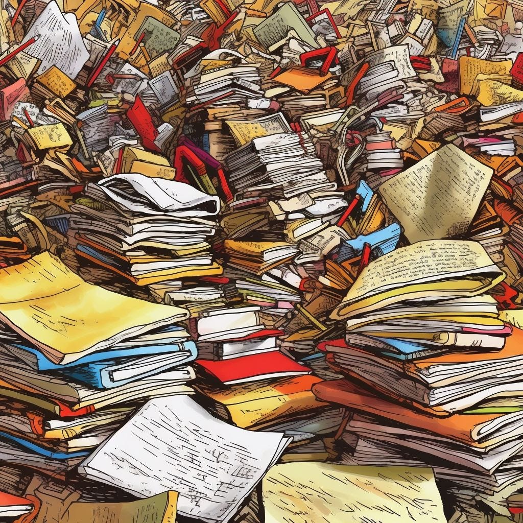 A messy pile of disorganized books, papers, and reports, representing the overpublication occurring in scientific literature A messy pile of disorganized books, papers, and reports, representing the overpublication occurring in scientific literature