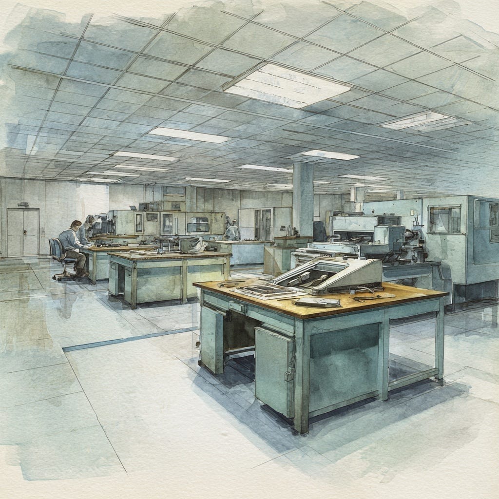 A corrective operations bay mid-decommission, with tools and a partially dismantled prototype as metallic ribbon spreads quietly across the floor. A corrective operations bay mid-decommission, with tools and a partially dismantled prototype as metallic ribbon spreads quietly across the floor.