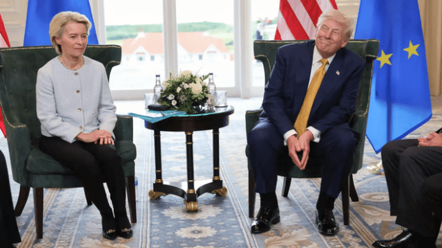 U.S. President Donald Trump meets with European Commission President Ursula von der Leyen, in Turnberry, Scotland, Britain, July 27, 2025. (photo: Evelyn Hockstein | Reuters)