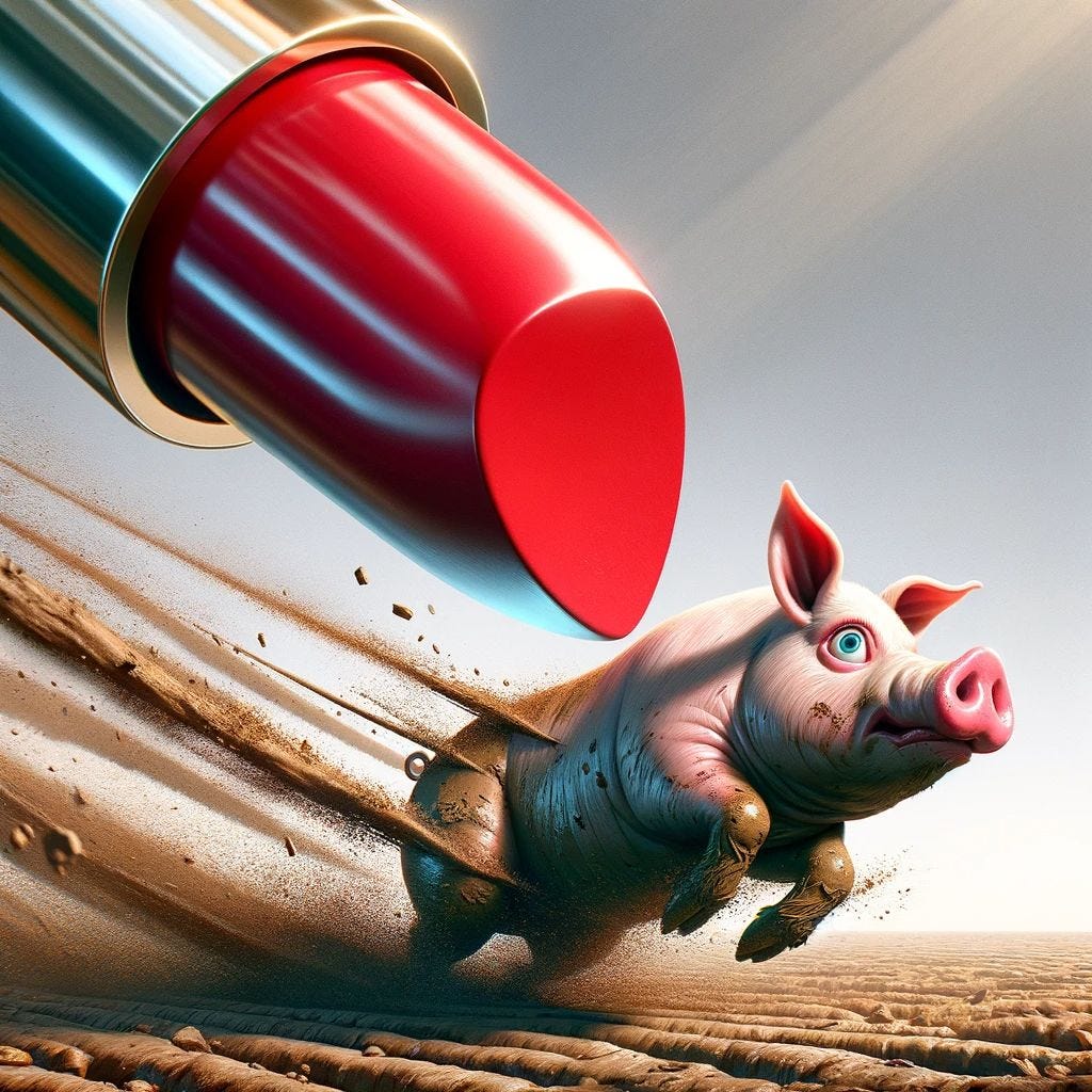A giant lipstick chasing a dirty pig.