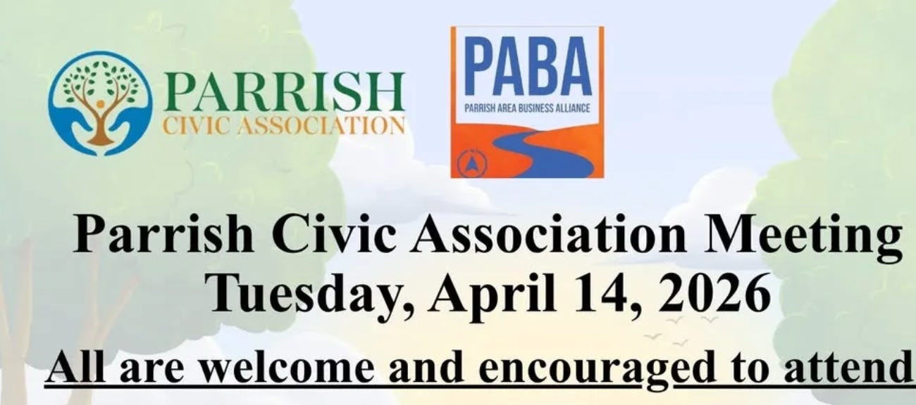 Parrish Civic Association to Host April 14 Meeting with District 1 Candidate and Community Forum