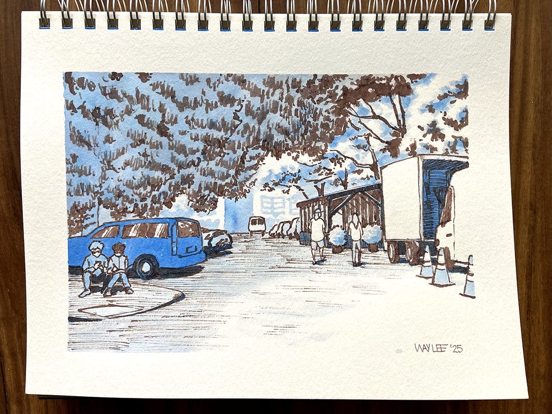 A blue and brown ink drawing of a small street lined with leafy trees overhead, vehicles and trucks parked on the sides, and people sitting and sketching and walking in the the street.