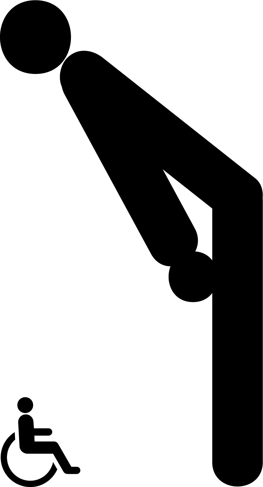 A large person leaning over and looking down at a small person in a wheelchair. A large person leaning over and looking down at a small person in a wheelchair.