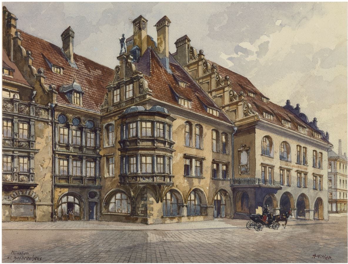 Munich Royal Hofbräuhaus. Hitler painted this watercolor during his pre-war period in Munich, from May 1913 to August 1914. Munich Royal Hofbräuhaus. Hitler painted this watercolor during his pre-war period in Munich, from May 1913 to August 1914.