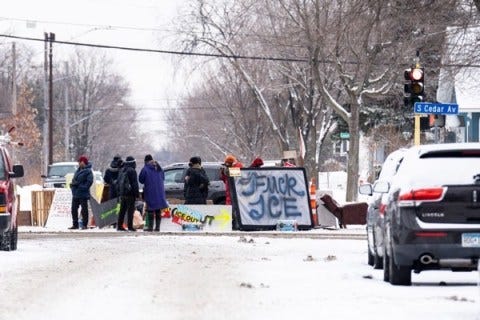 daviss at BlueSky posted this: "Some in South Minneapolis have created what they call “filter blockades” on Cedar Ave. A handout says the roundabout like blockade is meant to bring neighbors together to strategize against ICE while also identifying traffic coming into the area.

Minneapolis February 1, 2026” The Minneapolis-Spring account documents more of these.