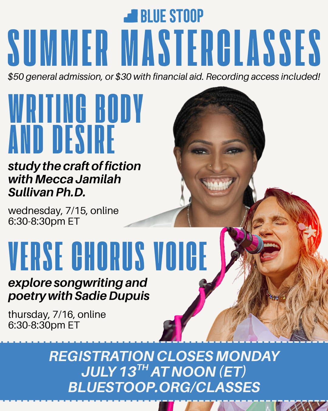 graphic promoting two writing workshops: writing body and desire with Mecca Jamilah Sullivan and Verse Chorus Voice with Sadie Dupuis