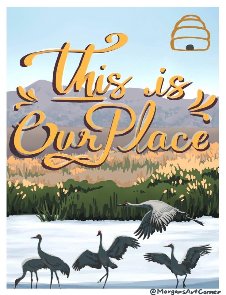 May be a doodle of goose, wading bird and text that says 'is BurPlace ٣ this Bur Place @MorgansAr @MergansAvtCorner rner'