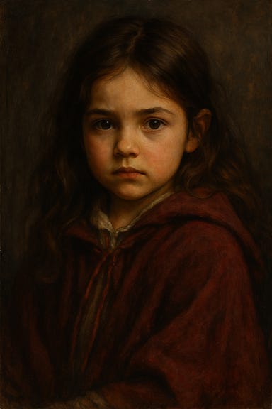 A portrait of Arabelle, a 7-year-old Vistani girl from Curse of Strahd. She has long, dark, wavy hair, olive-toned skin, and large, expressive brown eyes. She wears a deep red scarf tied around her head, gold hoop earrings, and a layered tunic with embroidered patterns in earthy tones. Her expression is calm but watchful, with a hint of sadness and wisdom beyond her years. The background is a soft blur of mist and wagon lanterns, evoking the Vistani camp at twilight. The lighting is warm and soft, casting a gentle glow on her face.