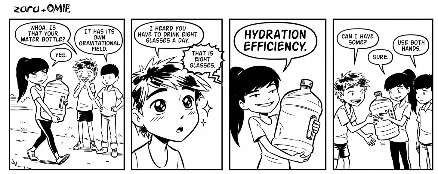 Zara carries a giant water bottle and calls it “hydration efficiency.” When Veer asks for some water, Jay tells him, “Use both hands.”