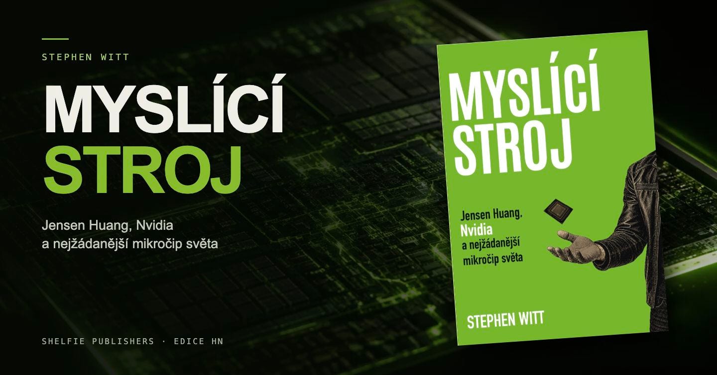Myslící stroj od Stephena Witta. Původní zelená obálka knihy na pozadí grafiky mikročipu z digitální vrstvy Shelfie.