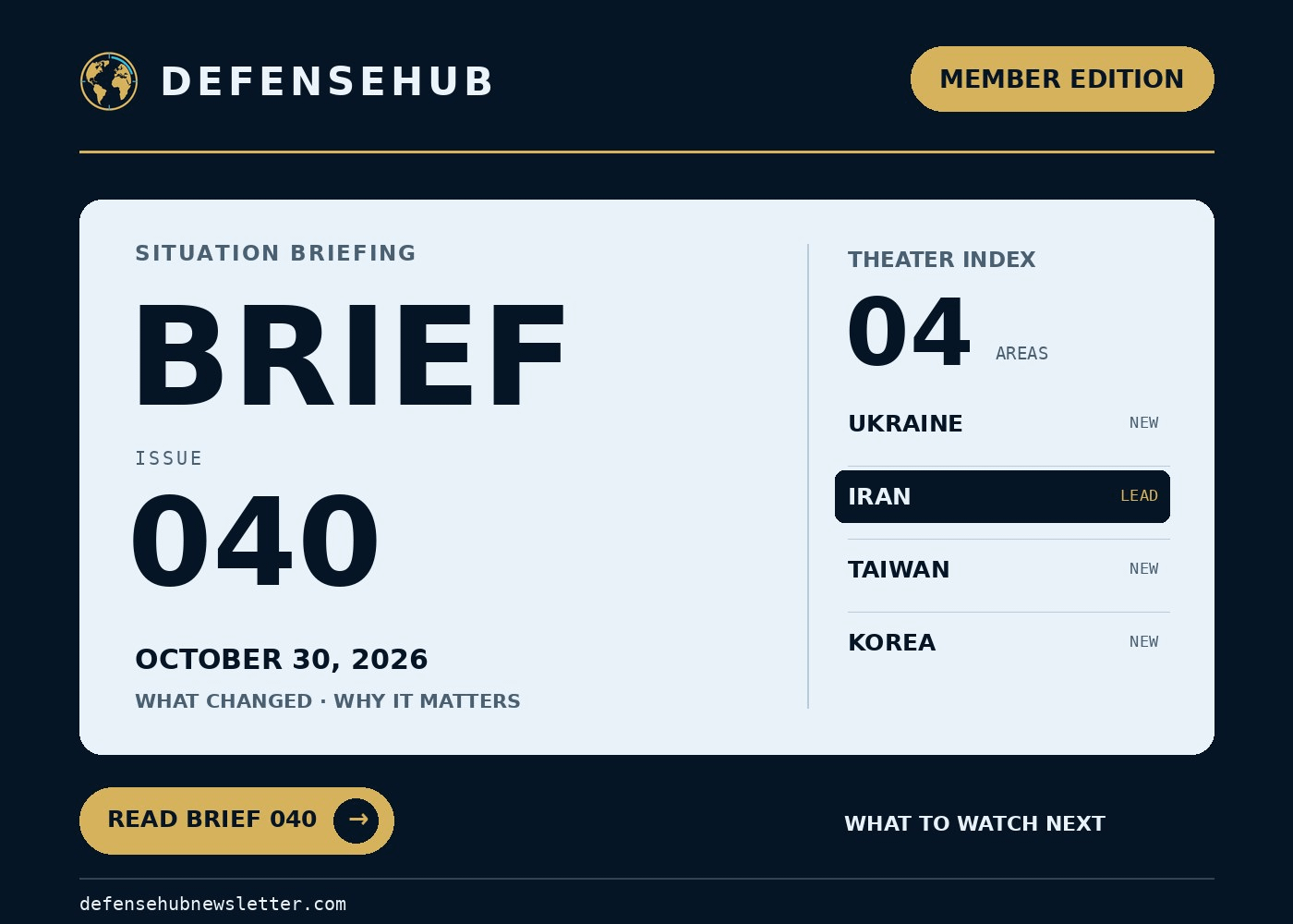 DefenseHub Brief 040 member edition cover for October 30, 2026, covering Ukraine, Iran, Taiwan and Korea. DefenseHub Brief 040 member edition cover for October 30, 2026, covering Ukraine, Iran, Taiwan and Korea.