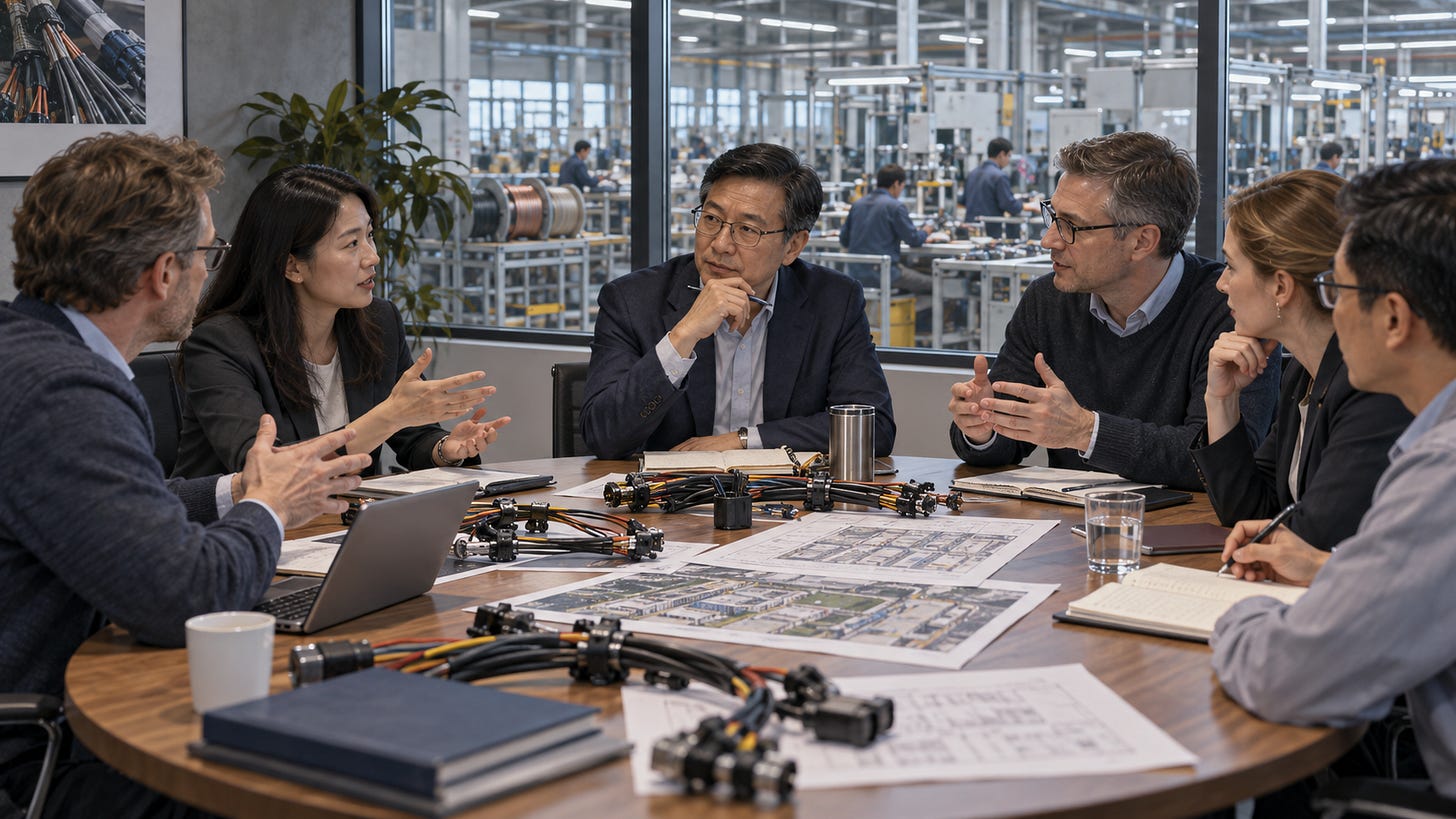 跨國團隊在工廠旁共同討論營運決定 跨國團隊在工廠旁共同討論營運決定
