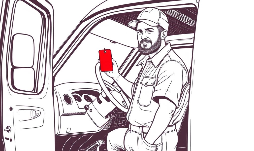 home services technician attaches red tag to steering wheel notifying missing equipment