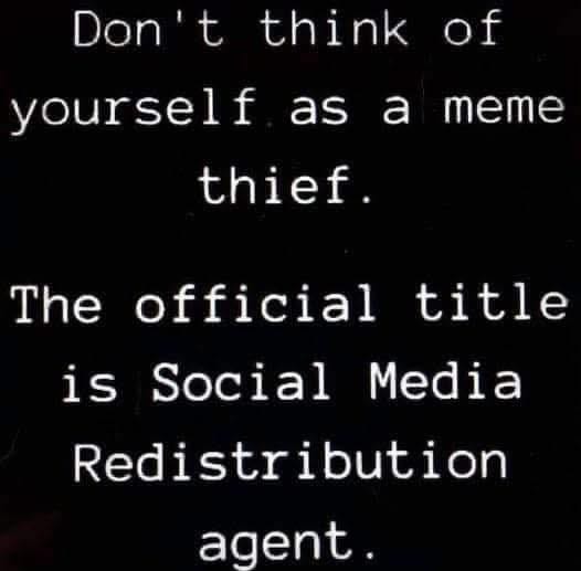 May be an image of text that says 'Don't think of yourself as a meme thief. The official title is Media Social Redistribution agent'