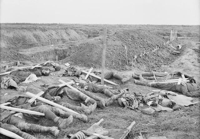 Bodies of American troops laid out in a US cemetery near the road leading to Gillemont Farm and Bony. They were killed in the fighting near Gillemont Farm on 29 September 1918 when the 27th US Division attacked over the main Hindenburg Line and suffered heavy casualties.