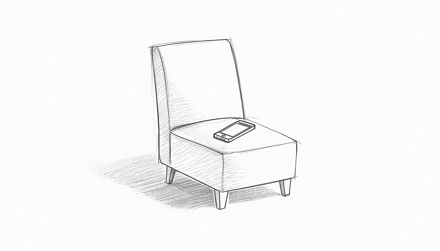 An armchair with a phone-shaped groove permanently worn into its cushion, phone absent. An armchair with a phone-shaped groove permanently worn into its cushion, phone absent.