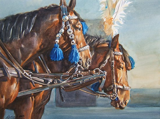 The Carriage Team,watercolor, 14 x 19 inches,©Gerald Fritzler watercolor painting of horses and silver bridles by Gerald Fritzler