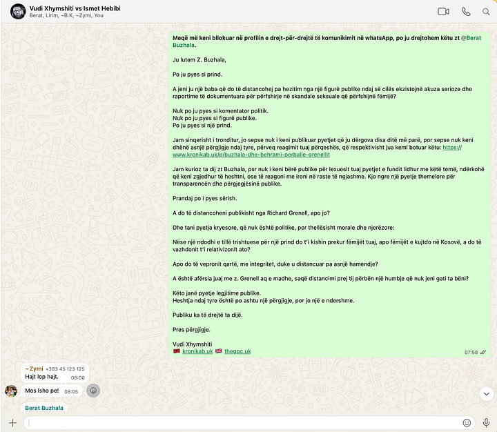 When asked directly, as a parent, whether he would distance himself from a figure facing allegations involving minors, Berat Buzhala responded not with answers but with laughter emojis, publicly signalling contempt rather than responsibility.