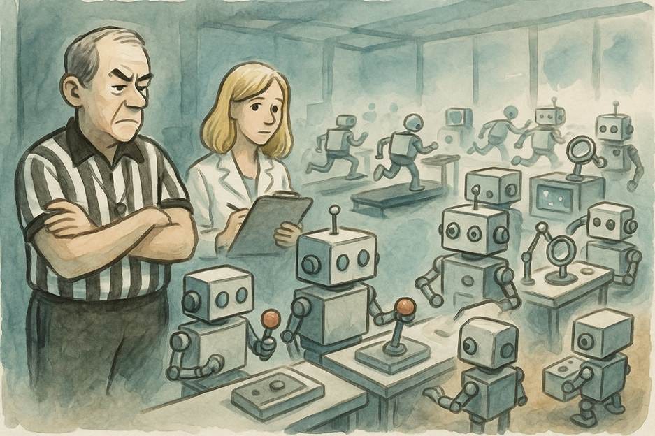 A person and person standing next to robots

AI-generated content may be incorrect.