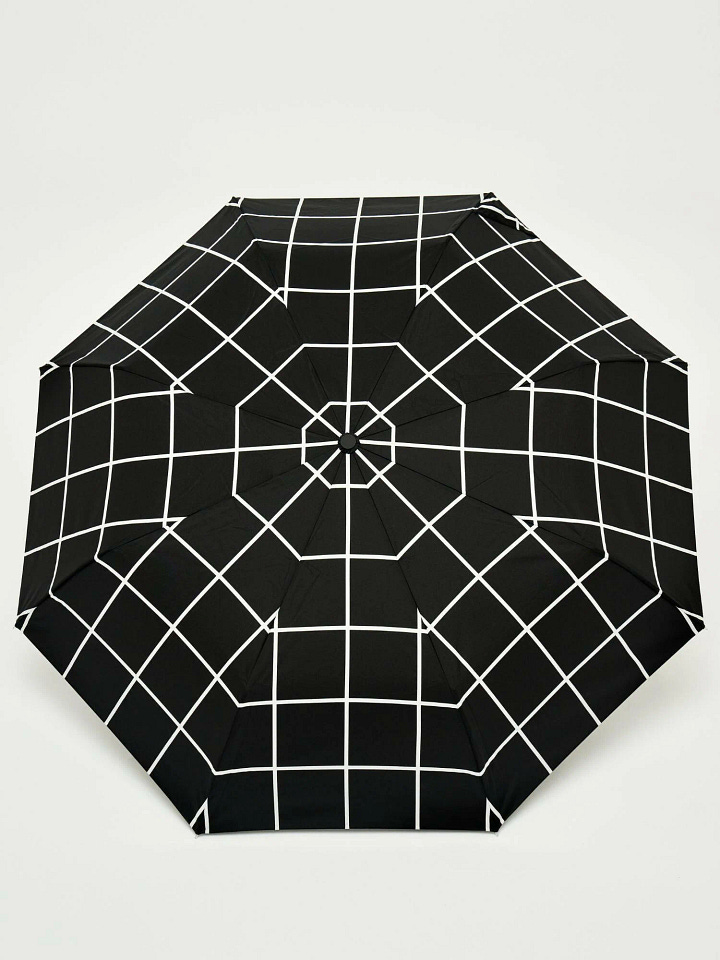 Umbrella and reusable bag set featuring a minimalist black grid design on a white background. A modern, eco-friendly pairing for both rain protection and shopping trips.
