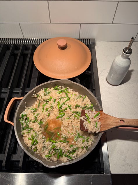 Asparagus risotto spring season in the kitchen preparation