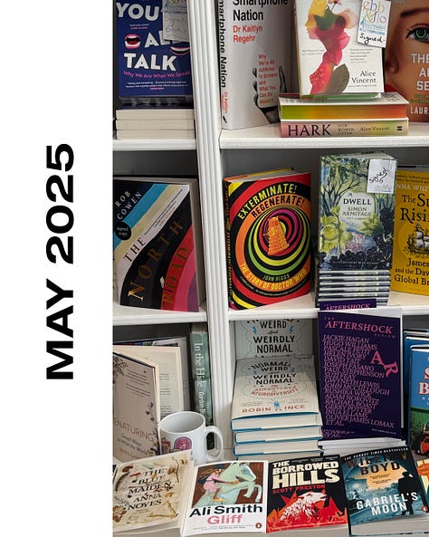 A visual journey through the launch of The Aftershock Review in May 2025. The bold purple magazine appears on indie bookshop shelves beside new releases, in readers’ hands across the UK, and onstage at Chorlton Arts Festival beneath stained glass windows and neon signage. Poets read from its pages in a church, a cappuccino rests beside a featured poem, and online praise rolls in from Poetry Book Society and The Bookseller. Bunting flutters outside festival venues, while mountains rise behind the magazine in the Alps — a testament to its reach, beauty, and community.