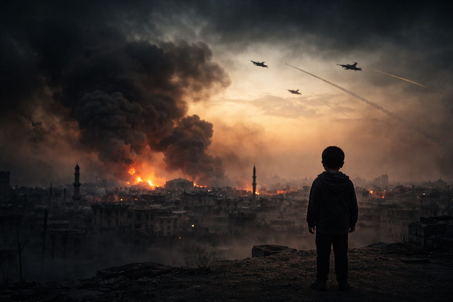 A lone child stands before a smoke-darkened skyline as war turns the evening horizon into a theater of fear, power, and human abandonment.