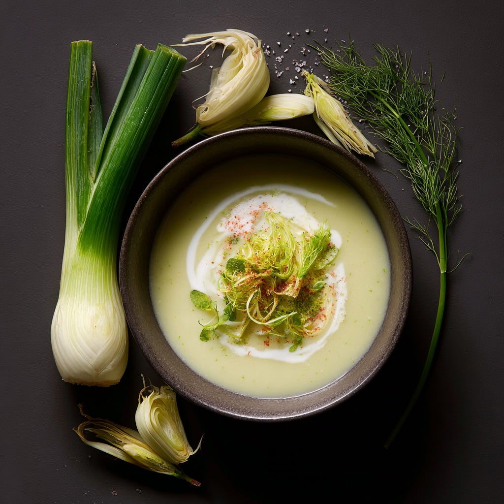 Leek + Fennel Soup: leeks, fennel, coconut cream, pink salt