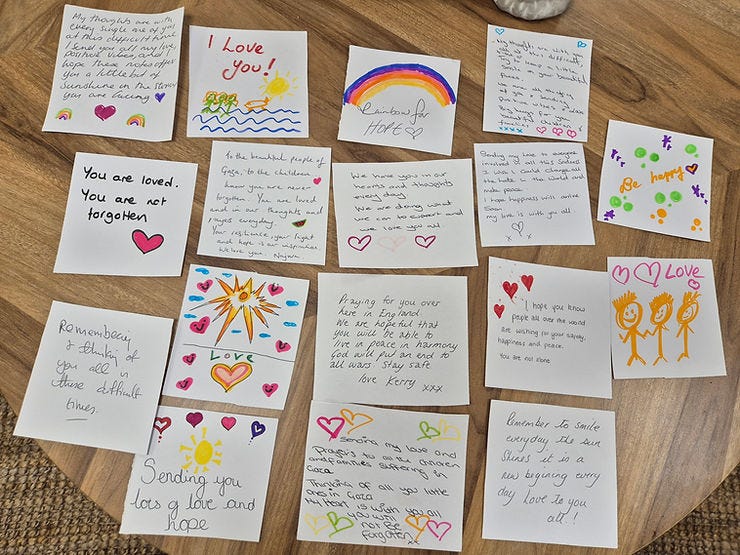 Picture shows images of some of the beautiful messages from our clients to the children in Gaza