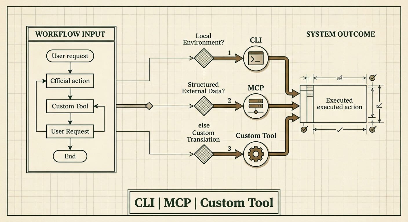 A technical illustration of a decision framework comparing CLI, MCP, and custom tools for AI agents.