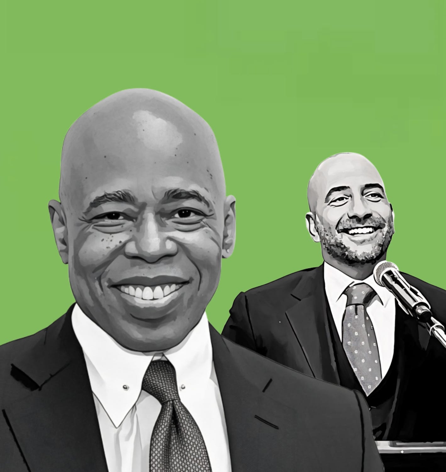 Photo illustration of Eric Adams (left) and Frank Carone (right).Both grinning