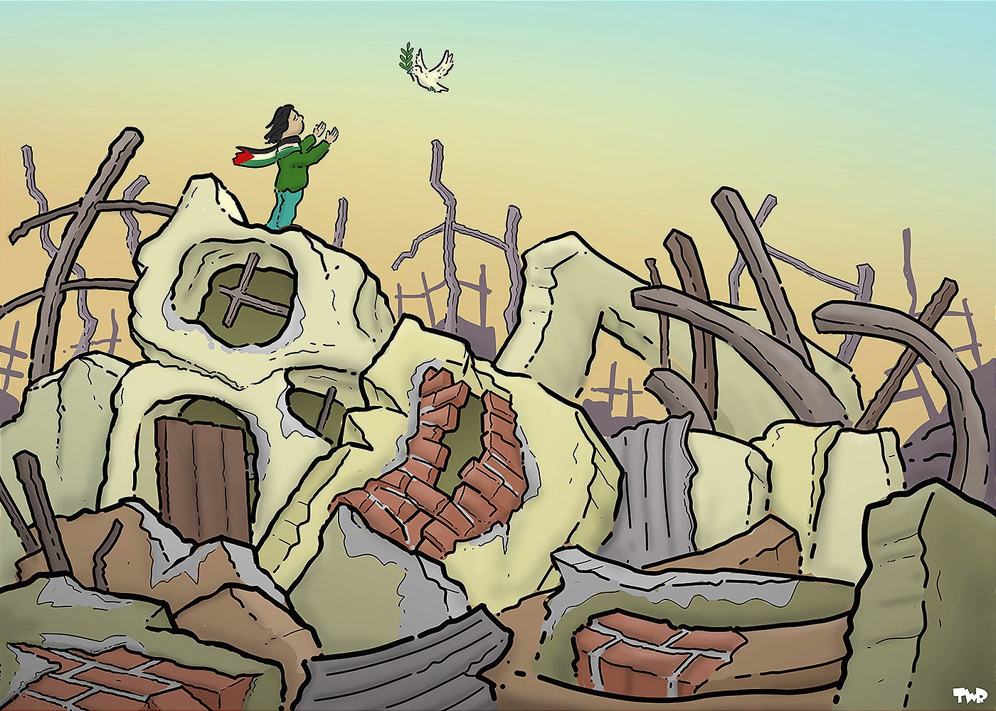 Cartoon showing a girl with a scarf that has the colors of the flag of Palestine. She is standing with her arms extended as a white dove comes flying towards her. She is standing on the rubble of ruined building. The ruins form the shape of a giant skull and rib cage.