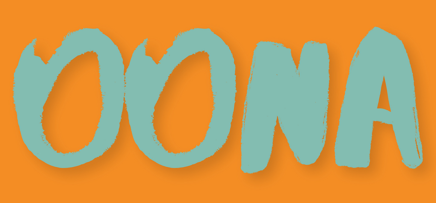 "Oona" written in blue font, designed to look like paint