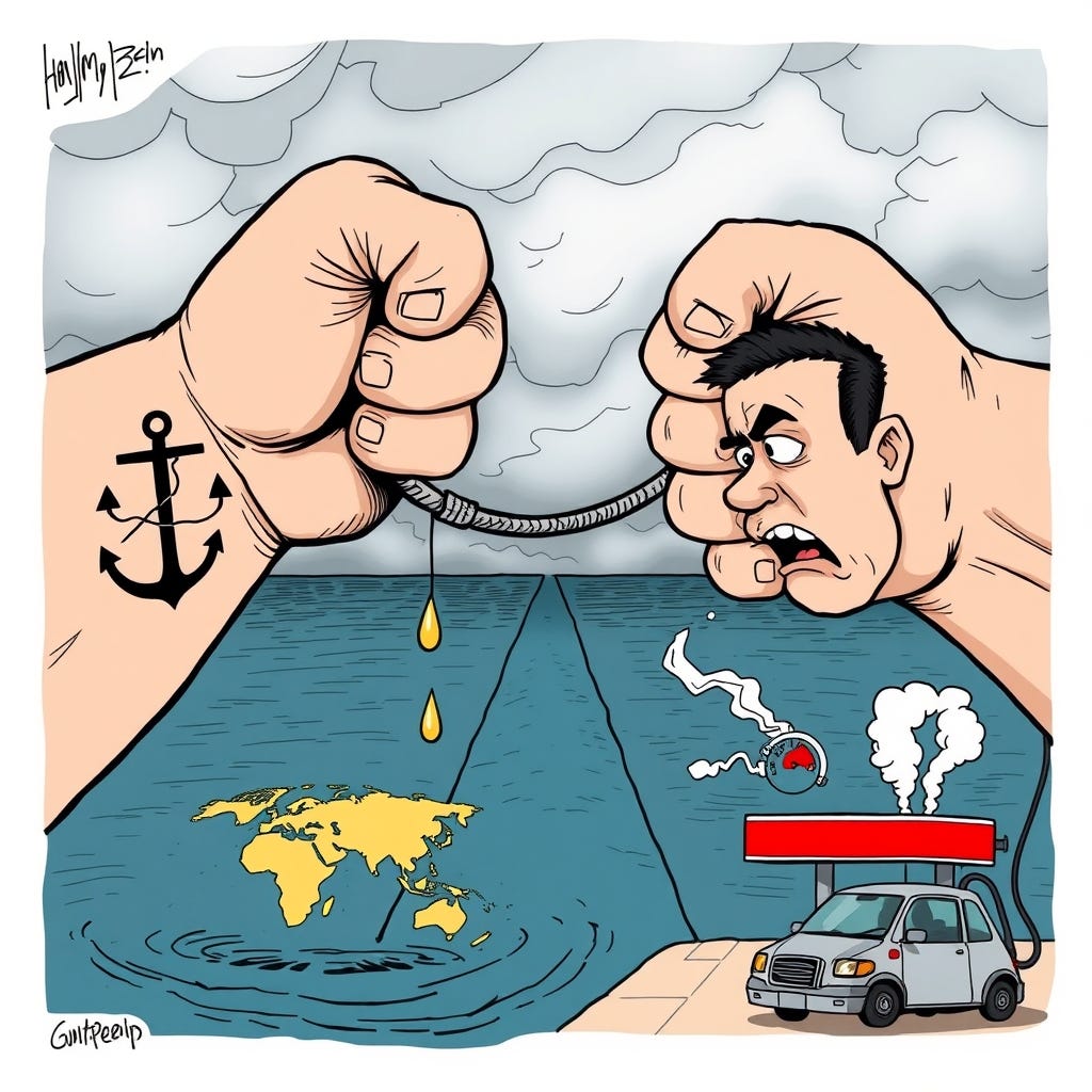 Single-panel editorial cartoon, bold ink linework, flat satirical color style. A narrow waterway shaped like a garden hose (representing a strategic strait) is pinched shut in the middle by two giant 