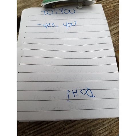 Three images of a handwritten note. The first shows the note sitting on a park bench framed by plant clippings. A button with a photo of Amelia Earhart sits atop the note. The second image shows the cover of the note, which reads "TO: YOU. -Yes, you" at the top and, upside down at the bottom, "Do it!". The third image shows the unfurled note reads, in blue ink neatly written on white, lined paper "11/11/16 Hello, This may seem indirect, but you are more than likely one of the most beautiful people that I may never meet. Thank you for realizing/knowing that this letter was written for you and no one else. It took courage to open this letter up and I applaud you for it. I hope you have been enjoying these beautiful autumn days that have been filled with sunshine. Nature is the best therapy. I also hope that you have been learning to love yourself beyond that, because you deserve it. Find happiness in your flaws, follow your passions and know that we are all part of a whole. I love you, because you are me. PS, You matter. Until you multiply yourself times the speed of light squared. Then you Energy =) -That human XO"