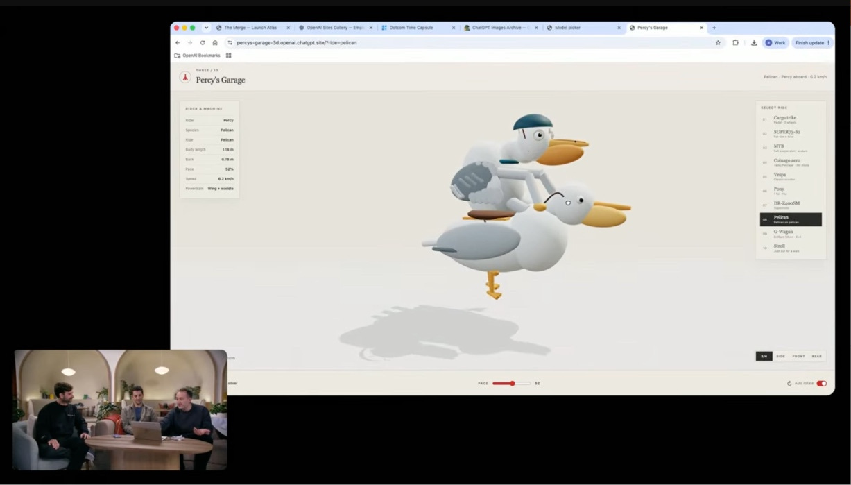 Frame from a livestream showing a 3D model of a pelican riding another pelican