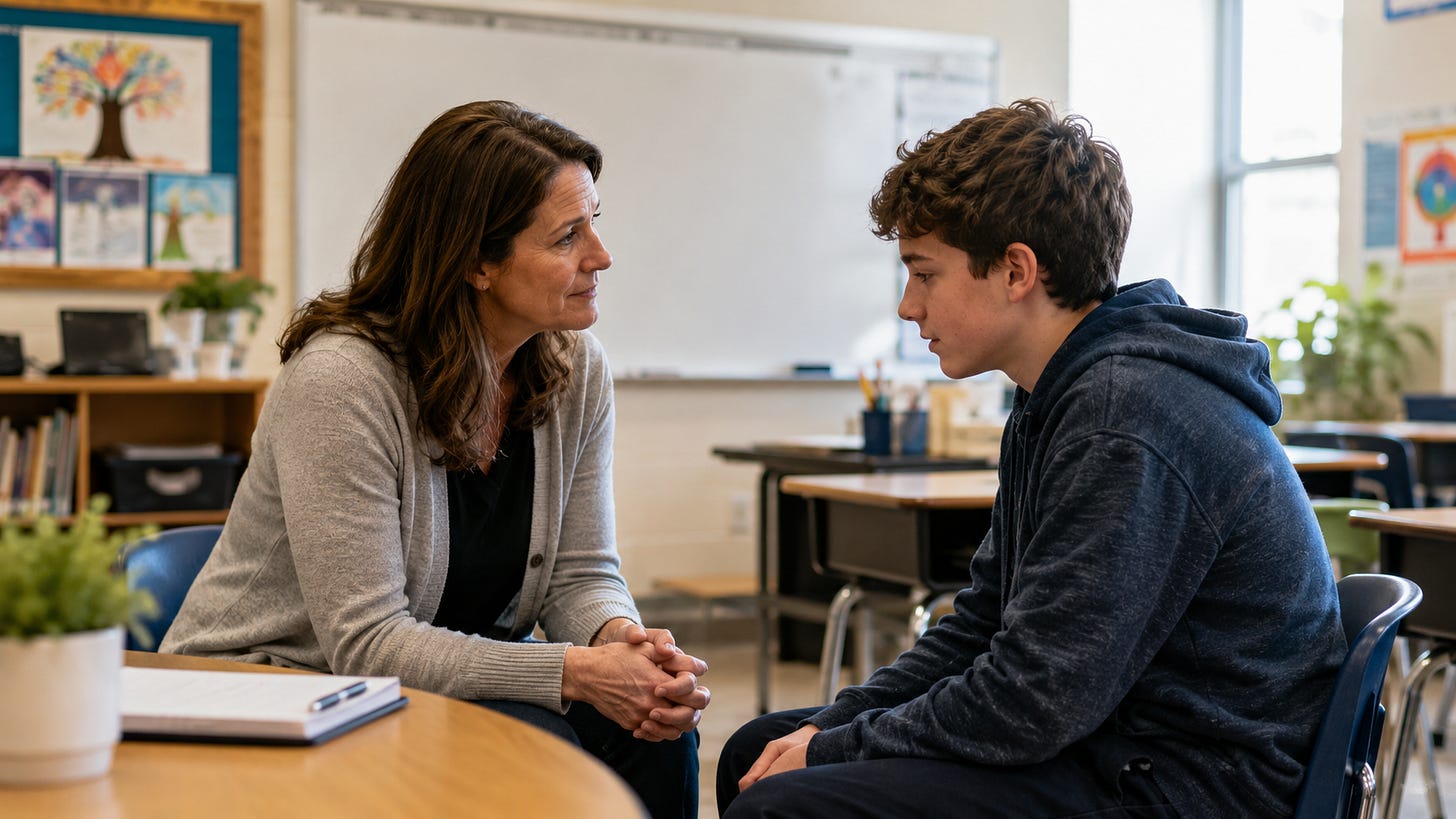 Teacher having a calm, one-on-one conversation with a middle school student in a classroom after a behavior incident.