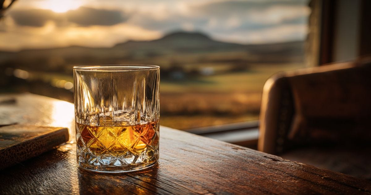 Luxurious Speyside Scotch glass on polished wooden table with Scottish hills in background. Luxurious Speyside Scotch glass on polished wooden table with Scottish hills in background.