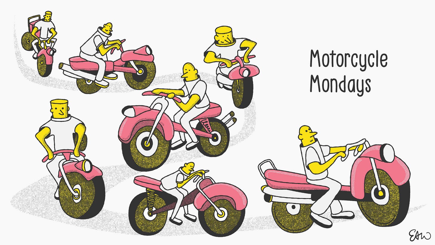 Illustration of assorted motorcyles with the headline Motorcycle Mondays.
