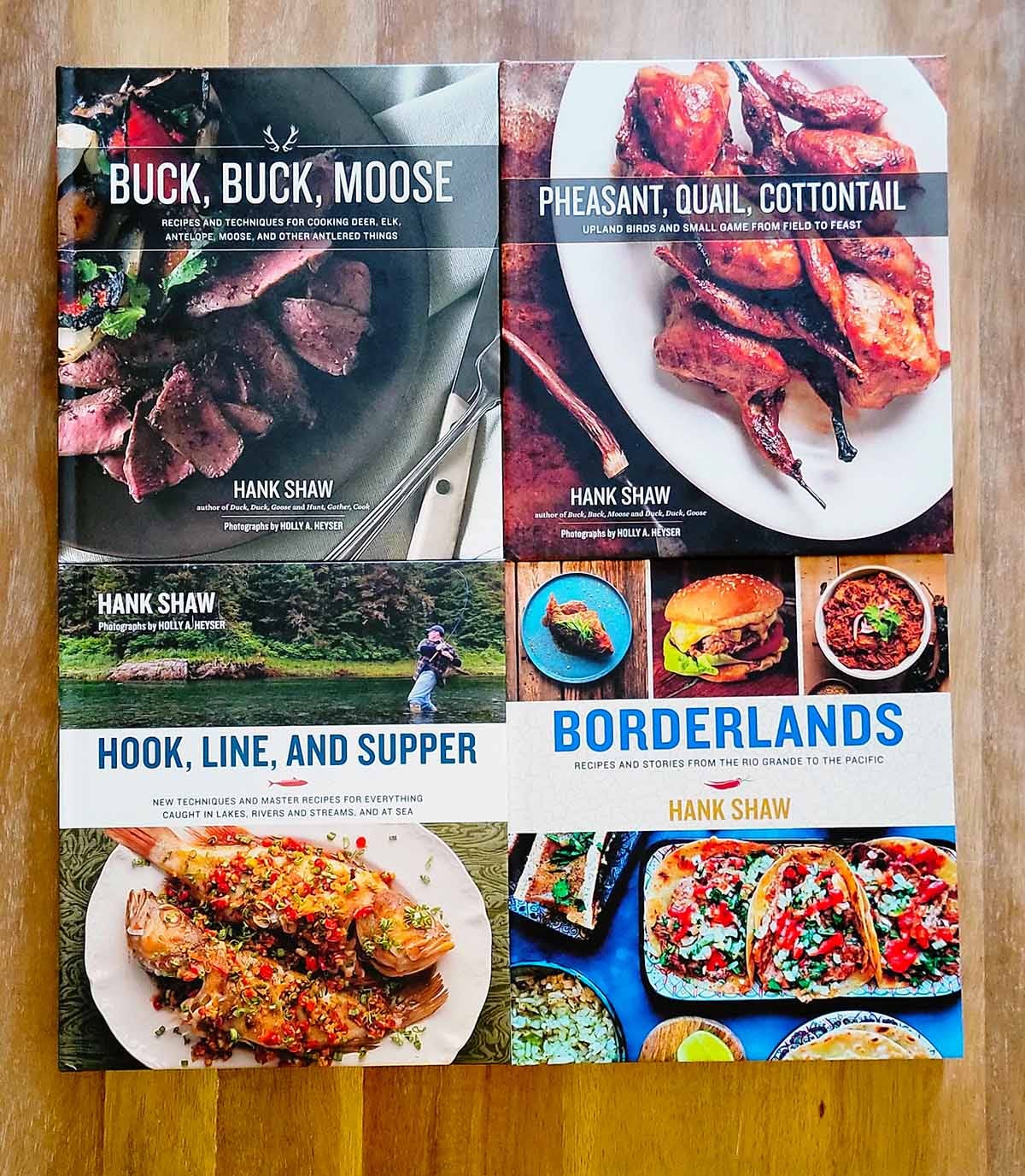 Hank Shaw's four latest cookbooks.