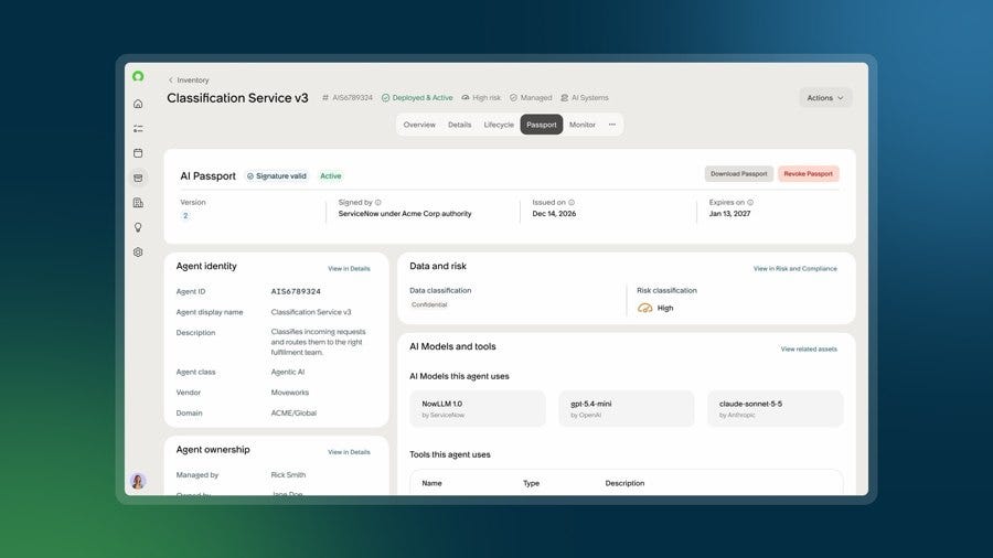 ServiceNow’s AI Passport interface shows agent identity, permissions, and data access. ServiceNow’s AI Passport interface shows agent identity, permissions, and data access.
