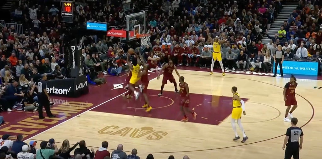 Aaron Nesmith scores the Pacers’ final FG in the game with 5:43 left. The Cavs then outscored them 13-2 the rest of the way. Aaron Nesmith scores the Pacers’ final FG in the game with 5:43 left. The Cavs then outscored them 13-2 the rest of the way.