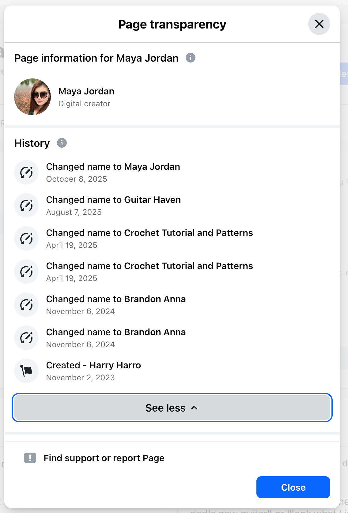 Page Transparency section for the "Maya Jordan" Facebook account, showing numerous name changes