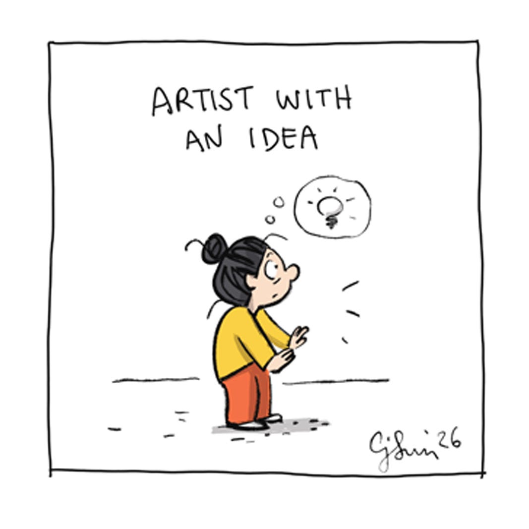 Panel 2 of a 6-panel comic showing a cartoon figure trying to capture an idea an artist easel and feeling like a failure when it doesn't live up to what she imagined. Titled "Artist Perseverance," 2026, by Connie Sun, cartoonconnie.