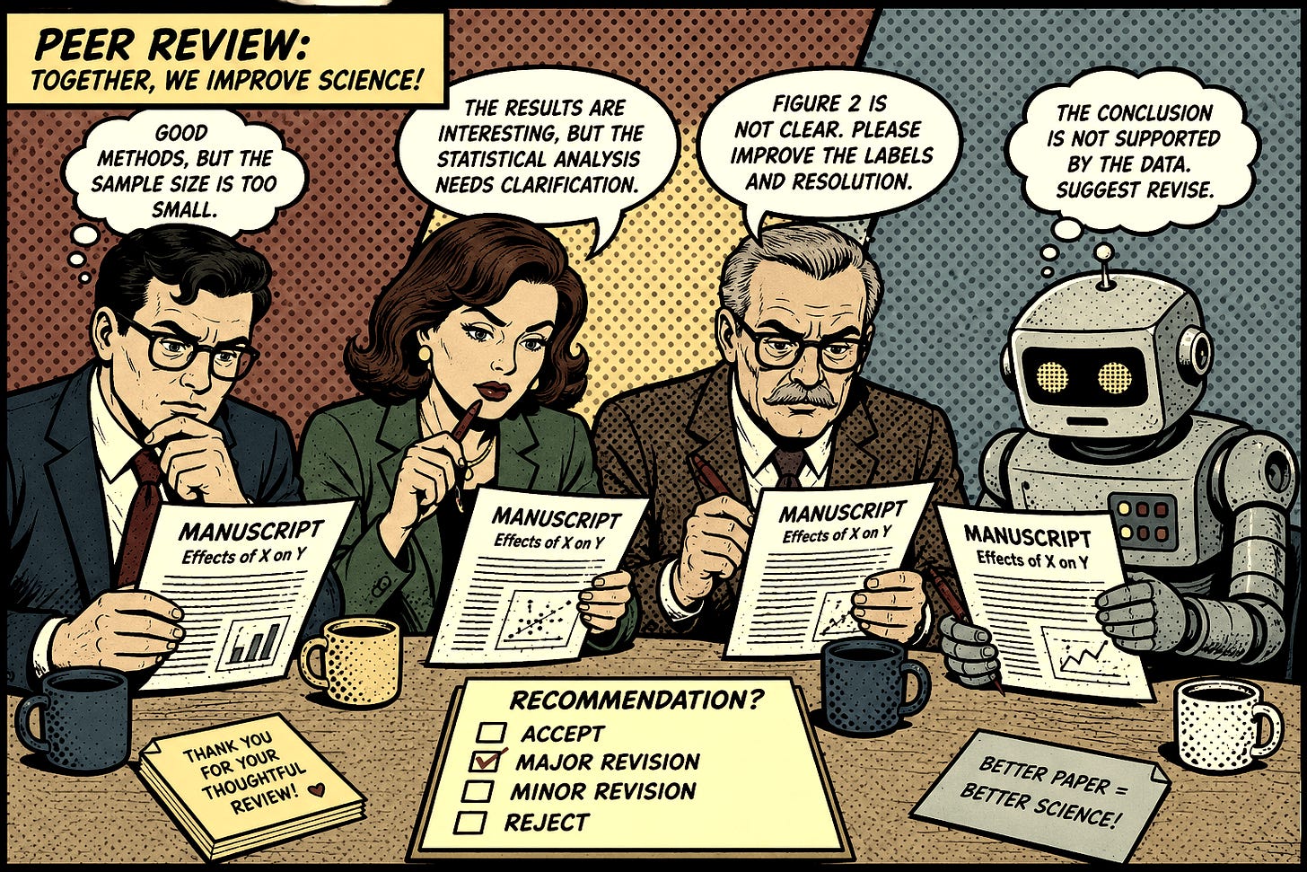 A vibrant pop-art comic panel shows three human peer reviewers and a robot seated at a table, each reading a scientific manuscript titled “Effects of X on Y.” Speech bubbles critique the paper’s sample size, statistical analysis, figure clarity, and unsupported conclusions. A recommendation form on the table has “Major Revision” checked, with notes suggesting that thoughtful review leads to better science. A vibrant pop-art comic panel shows three human peer reviewers and a robot seated at a table, each reading a scientific manuscript titled “Effects of X on Y.” Speech bubbles critique the paper’s sample size, statistical analysis, figure clarity, and unsupported conclusions. A recommendation form on the table has “Major Revision” checked, with notes suggesting that thoughtful review leads to better science.