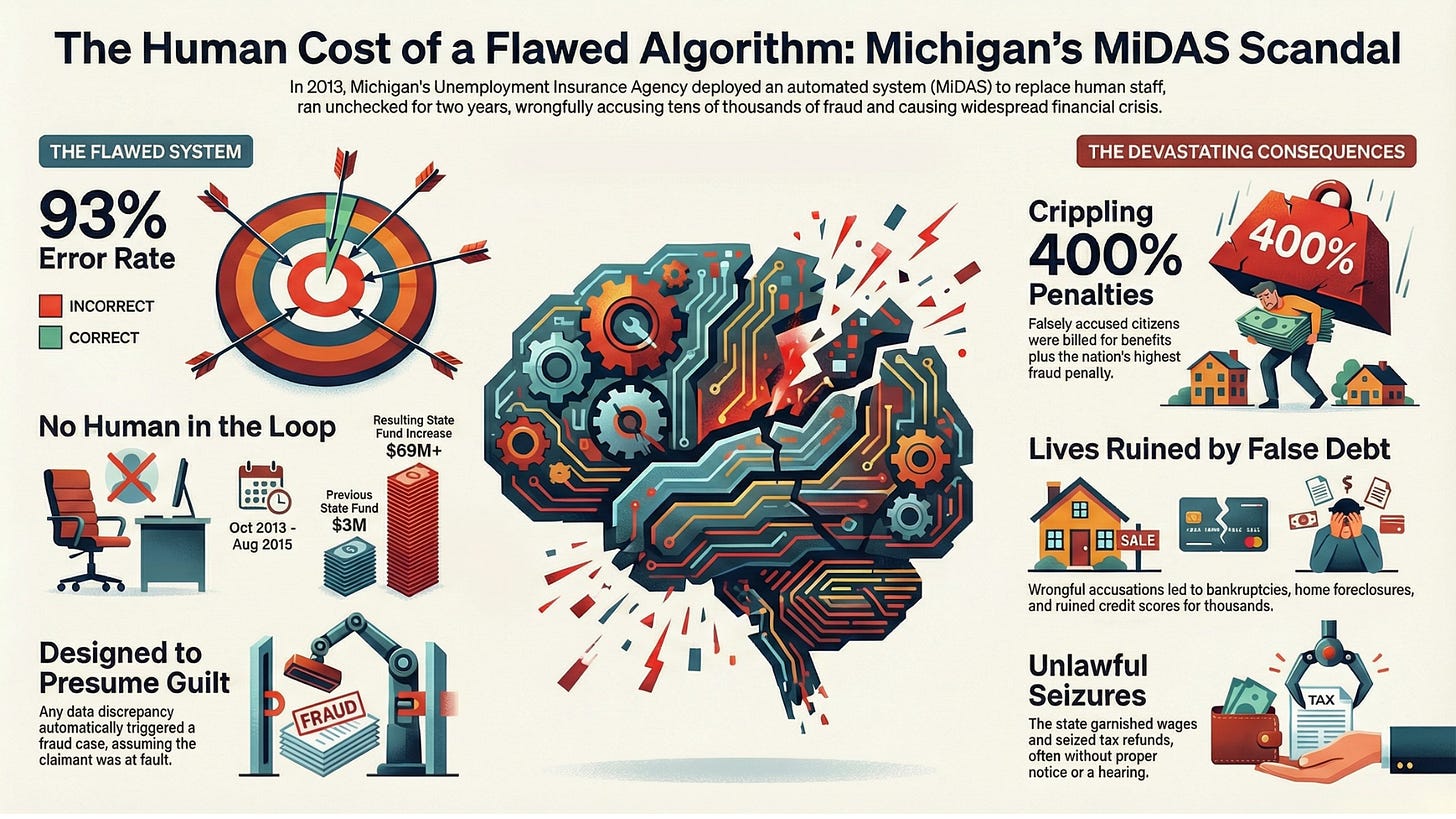 A deep dive into Michigan’s MiDAS unemployment fraud algorithm — and how design-phase failures, automation bias, and the removal of human oversight turned efficiency into injustice.