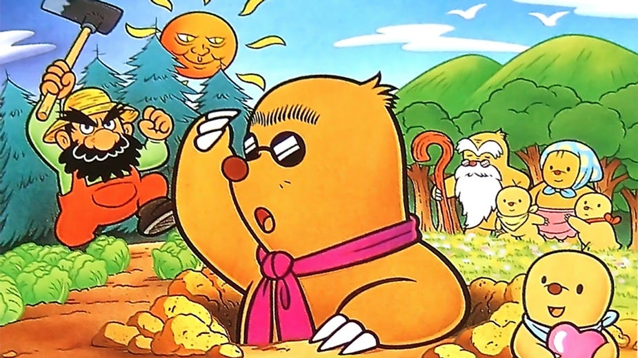 Cartoon mole wearing pink scarf emerges from ground, surprised by man with hammer. Sunny day in forest background with smiling sun.