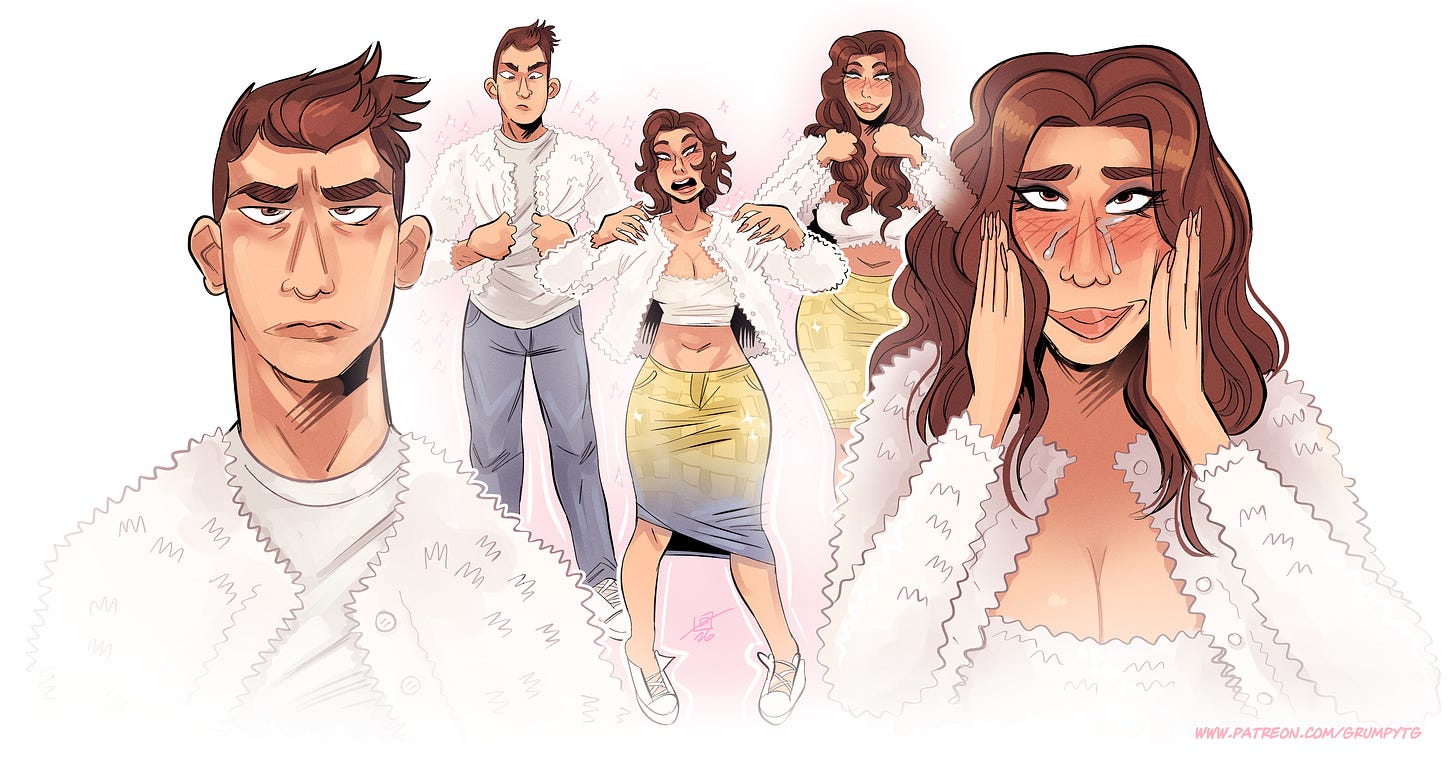 A transformation sequence. On the left, a brunette man scowls at the viewer. Then, over three images, he slowly transforms into a curvaceous brunette in a yellow skirt. The fifth picture, on the far right, is a close-up of her, smiling at the camera and crying in disbelief, hands on her cheeks underneath her long hair.