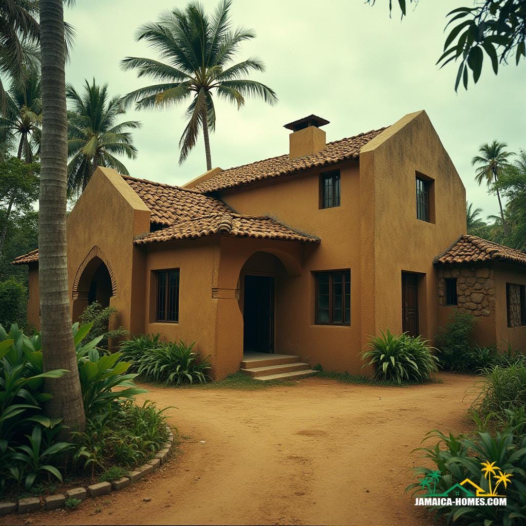A majestic Tata Somba house, its unique mud-brick architecture set amidst a lush Caribbean landscape in Kingston, Jamaica, surrounded by an intentional community where residents work together in harmony. The house's intricate details and earthy tones