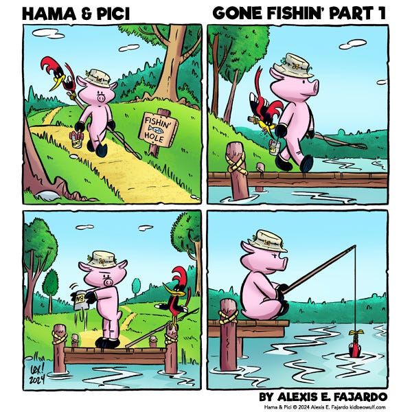 Hama the pig walks to the fishin’ hole. Pici the woodpecker balances on the fishing pole eating worms out of the bait can. When Hama gets to the pier and turns over the bait can it is empty. Hama fishes with Pici tied as bait on the end of the fishing line.